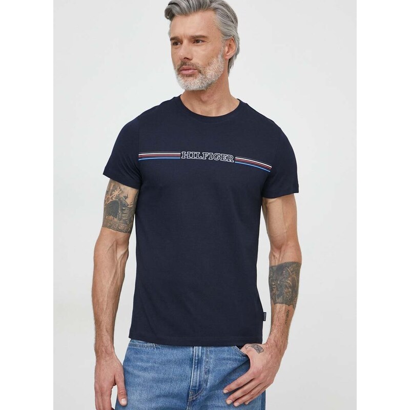 Bavlněné tričko Tommy Hilfiger tmavomodrá barva, s potiskem