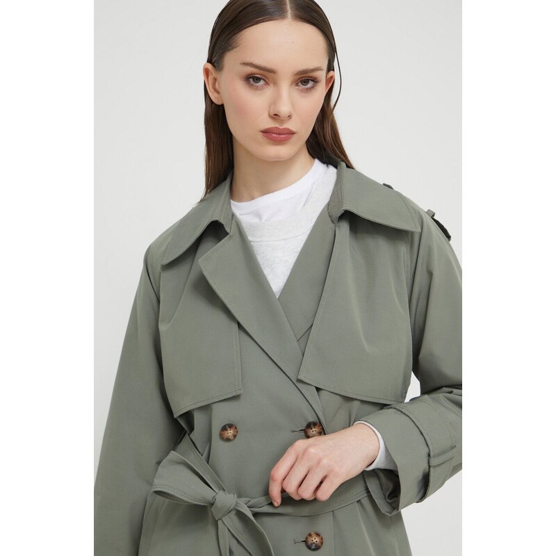 Trench kabát Abercrombie & Fitch dámský, zelená barva, přechodný, dvouřadový