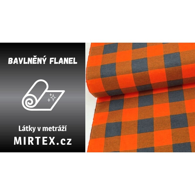 Mirtex Látka FLANEL 165 (K7 kostky velké oranžově-šedé) -150cm zbytková metráž