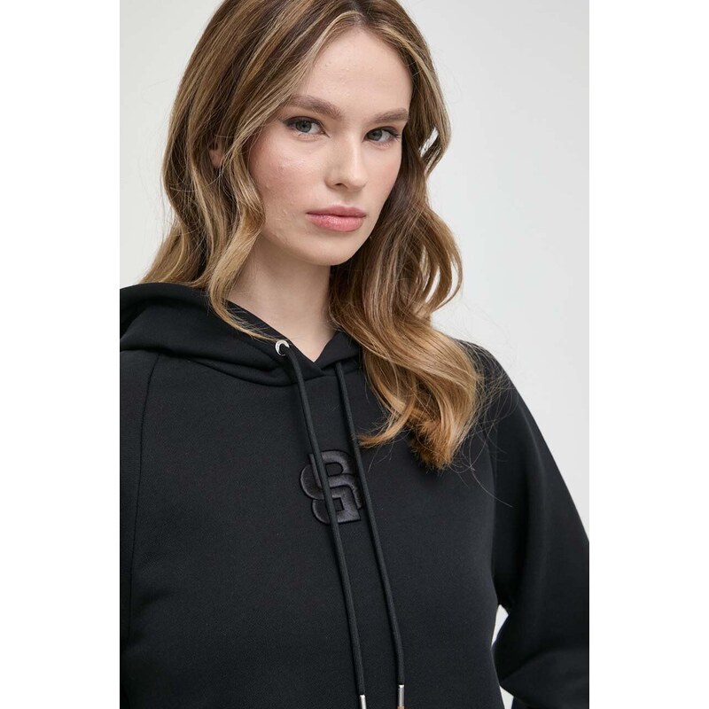Bavlněná mikina BOSS dámská, černá barva, s kapucí, s aplikací