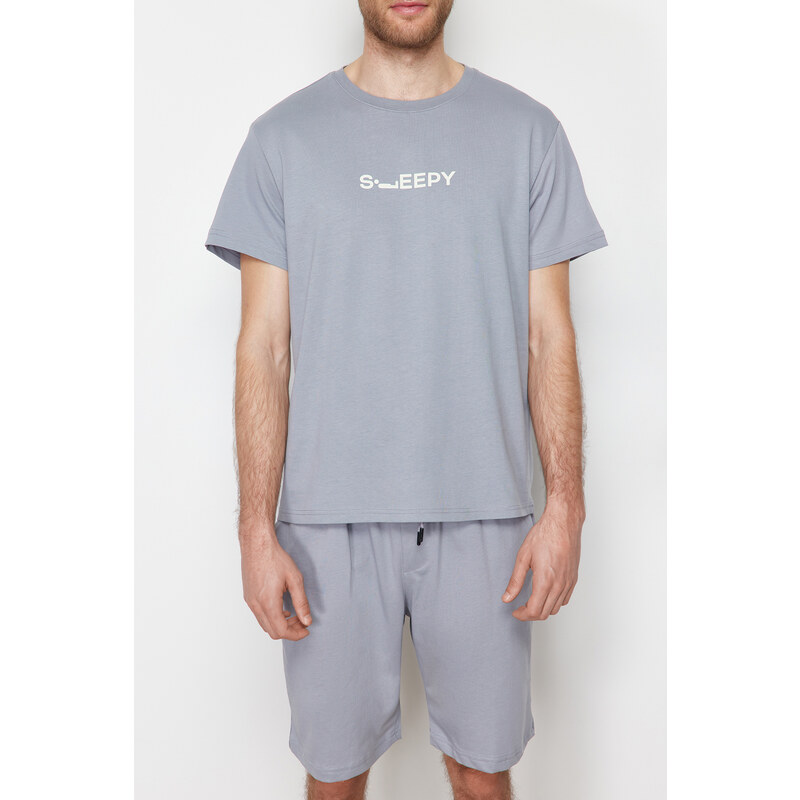 Trendyol Gray Printed Regular Fit Knitted Shorts Pajamas Set