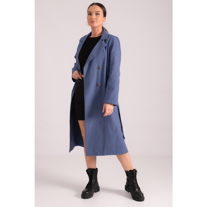 armonika Women's Dark Blue Double Breasted Collar Waist Belted Long Trench Coat