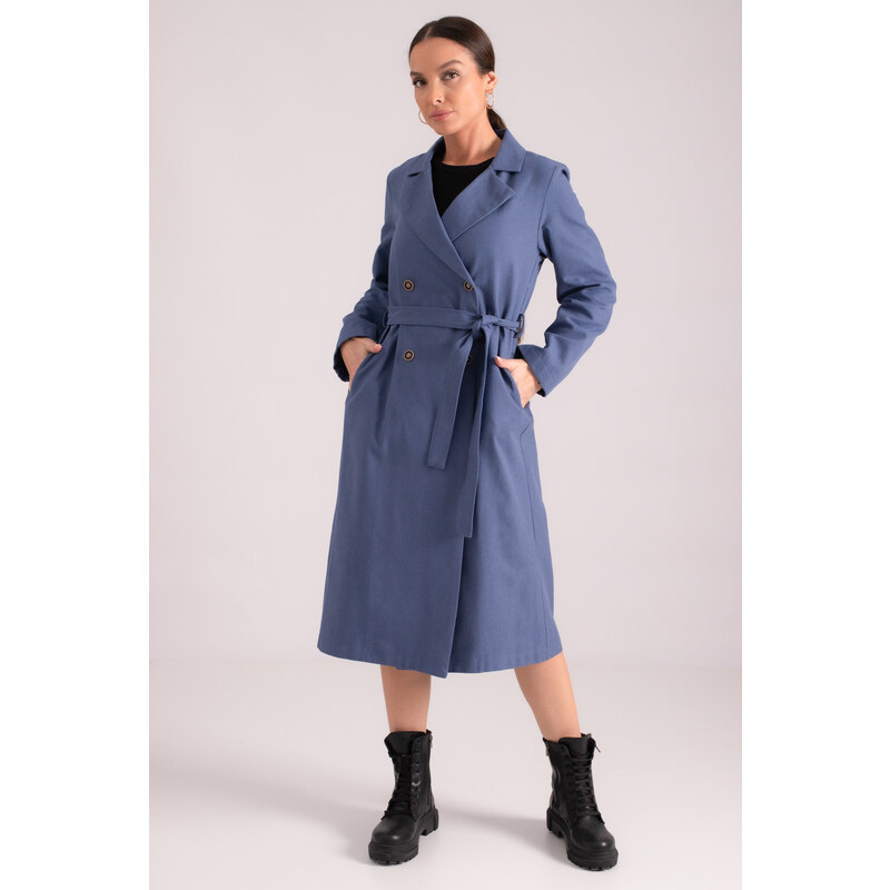 armonika Women's Dark Blue Double Breasted Collar Waist Belted Long Trench Coat