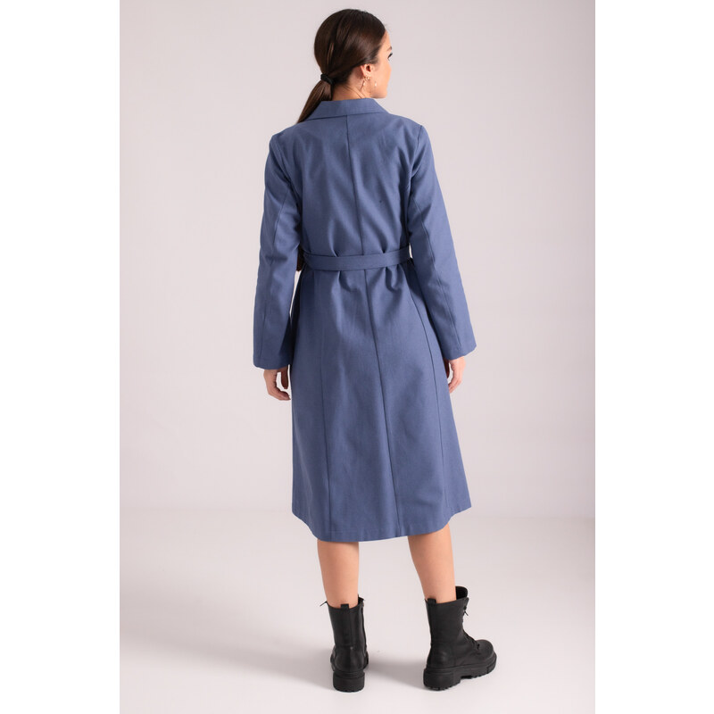 armonika Women's Dark Blue Double Breasted Collar Waist Belted Long Trench Coat
