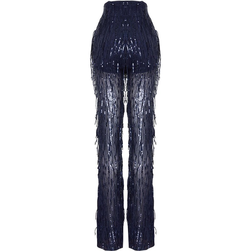 Trendyol Navy Blue Wide Leg Sequined Knitted Trousers