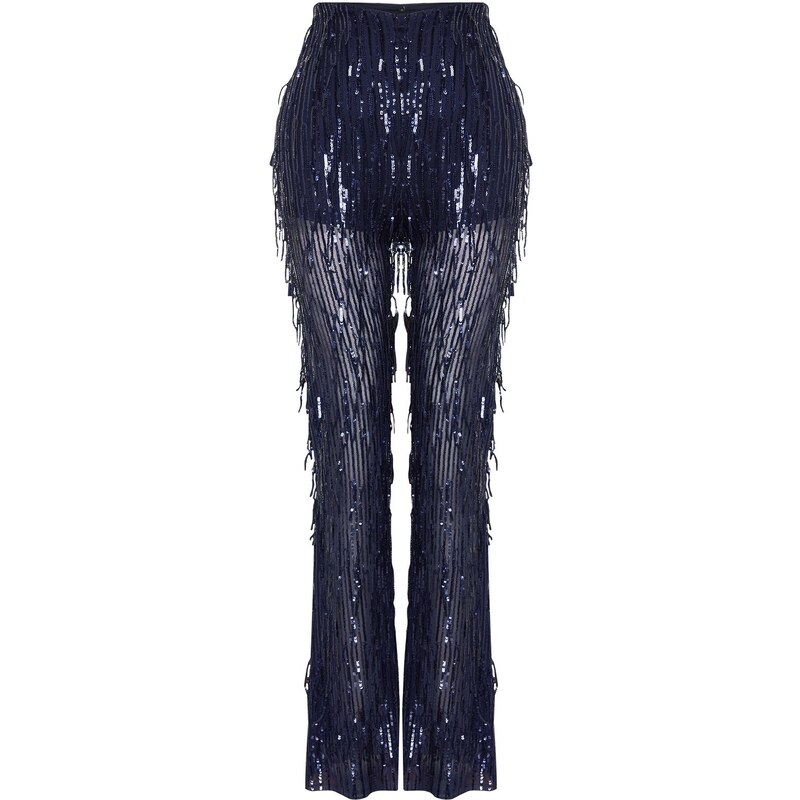 Trendyol Navy Blue Wide Leg Sequined Knitted Trousers