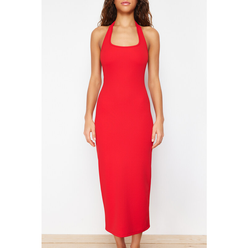 Trendyol Red Fitted Square Neck Ribbed Flexible Knitted Maxi Dress