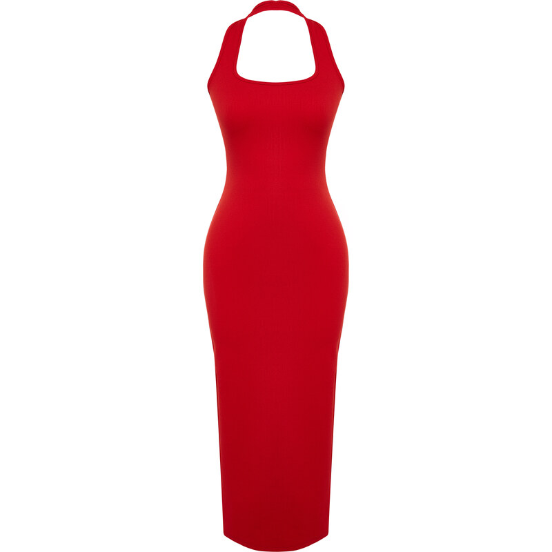 Trendyol Red Fitted Square Neck Ribbed Flexible Knitted Maxi Dress