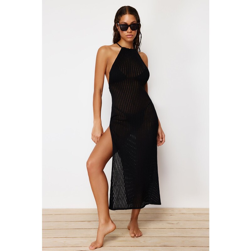 Trendyol Black Fitted Maxi Knitted Decollete Decollete Knit Effect Beach Dress