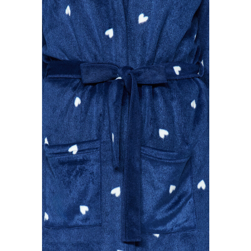 Trendyol Navy Blue Belted Heart Patterned Pocket and Hood Detailed Fleece Knitted Dressing Gown