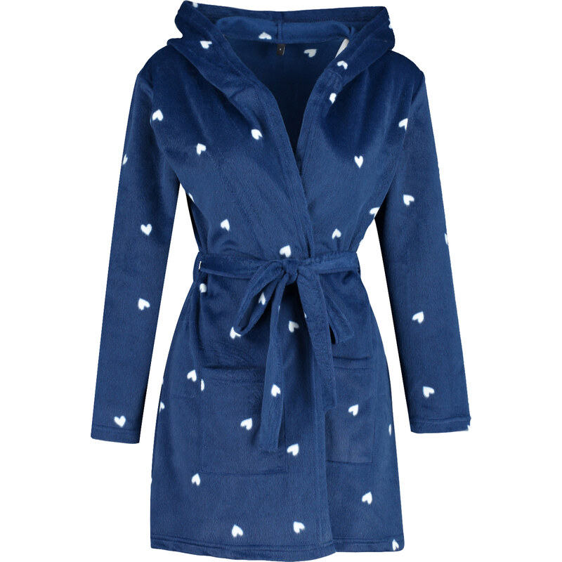 Trendyol Navy Blue Belted Heart Patterned Pocket and Hood Detailed Fleece Knitted Dressing Gown