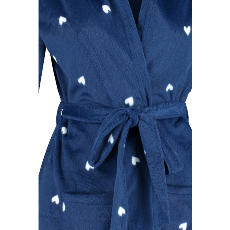 Trendyol Navy Blue Belted Heart Patterned Pocket and Hood Detailed Fleece Knitted Dressing Gown