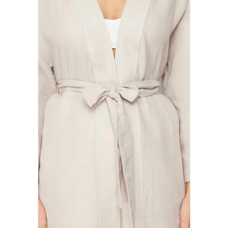 Trendyol Premium Beige Belted 100% Cotton Muslin Woven Dressing Gown