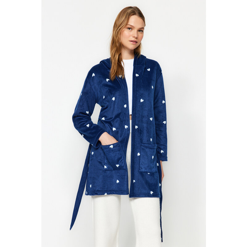 Trendyol Navy Blue Belted Heart Patterned Pocket and Hood Detailed Fleece Knitted Dressing Gown