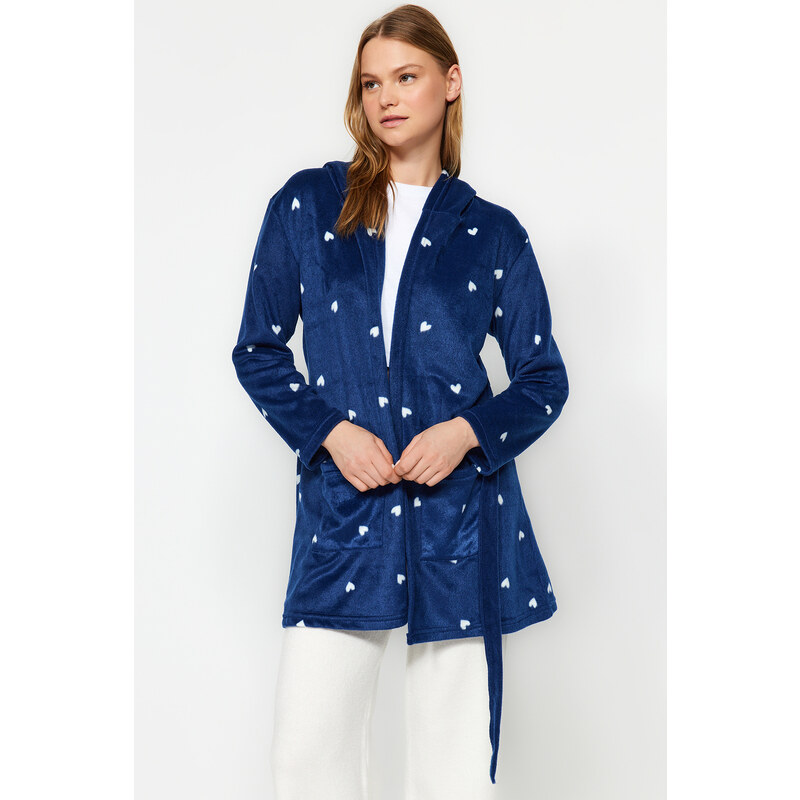 Trendyol Navy Blue Belted Heart Patterned Pocket and Hood Detailed Fleece Knitted Dressing Gown