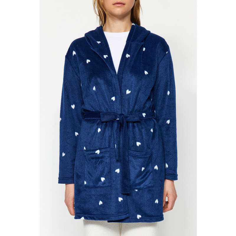 Trendyol Navy Blue Belted Heart Patterned Pocket and Hood Detailed Fleece Knitted Dressing Gown