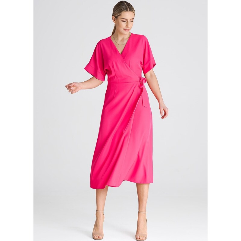FIGL Tmavě růžové zavinovací midi šaty M959 Pink