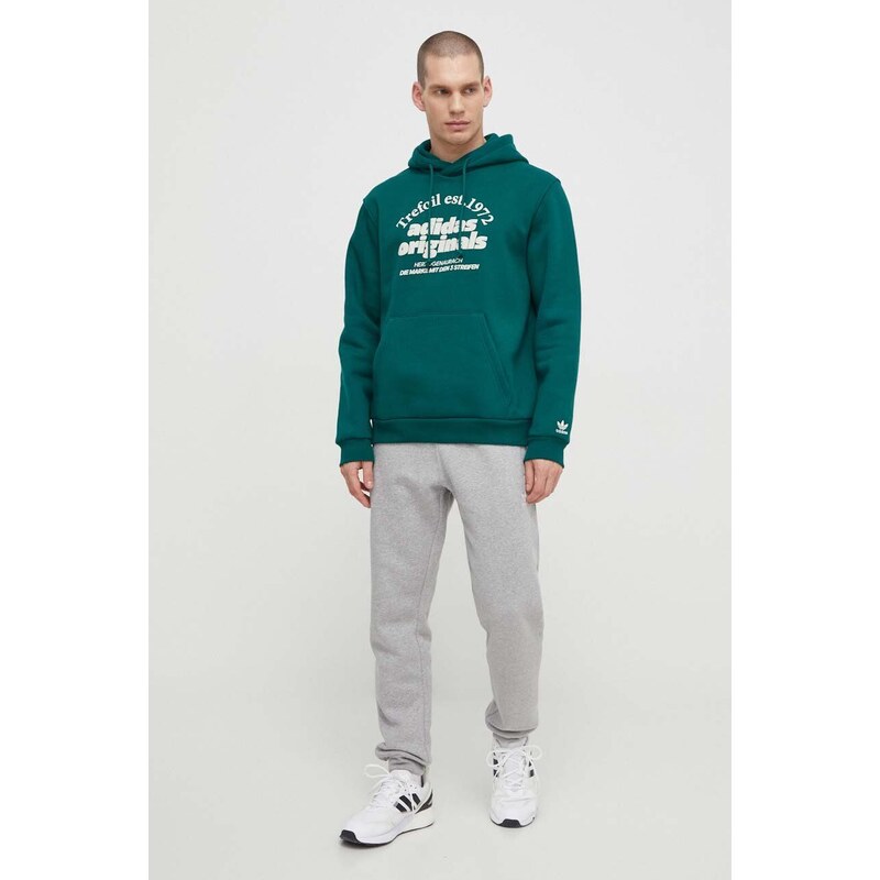 Mikina adidas Originals pánská, zelená barva, s kapucí, s potiskem, IS1412