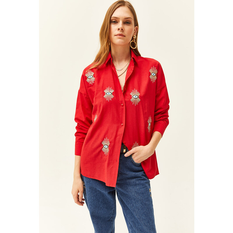 Olalook Women's Red Sequin Detailed Woven Boyfriend Shirt