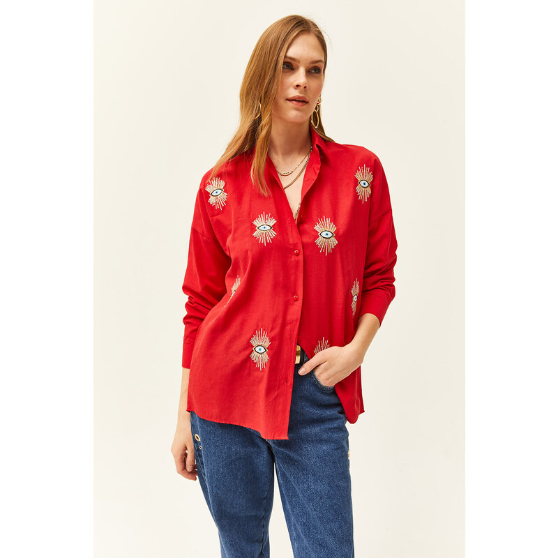 Olalook Women's Red Sequin Detailed Woven Boyfriend Shirt