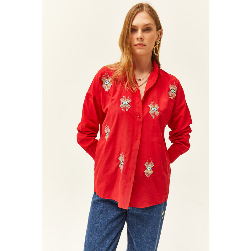 Olalook Women's Red Sequin Detailed Woven Boyfriend Shirt