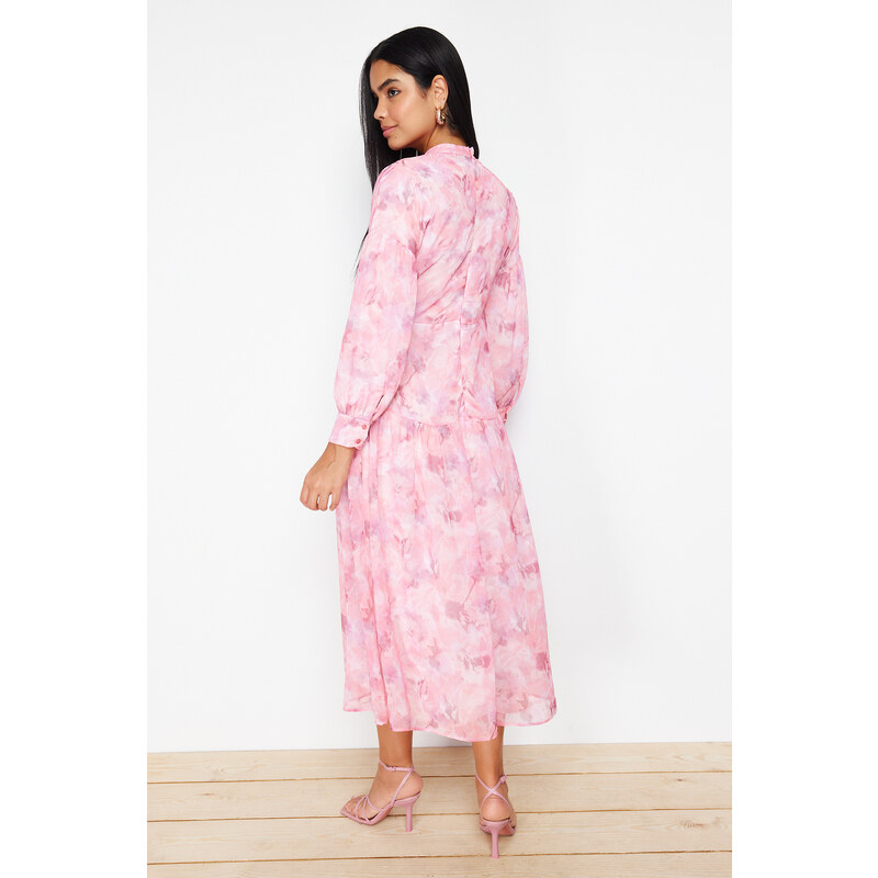 Trendyol Pink Lined Floral Patterned Belted Woven Dress