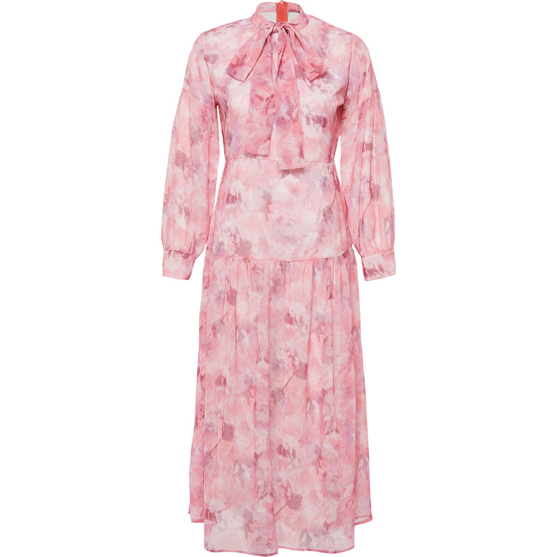 Trendyol Pink Lined Floral Patterned Belted Woven Dress