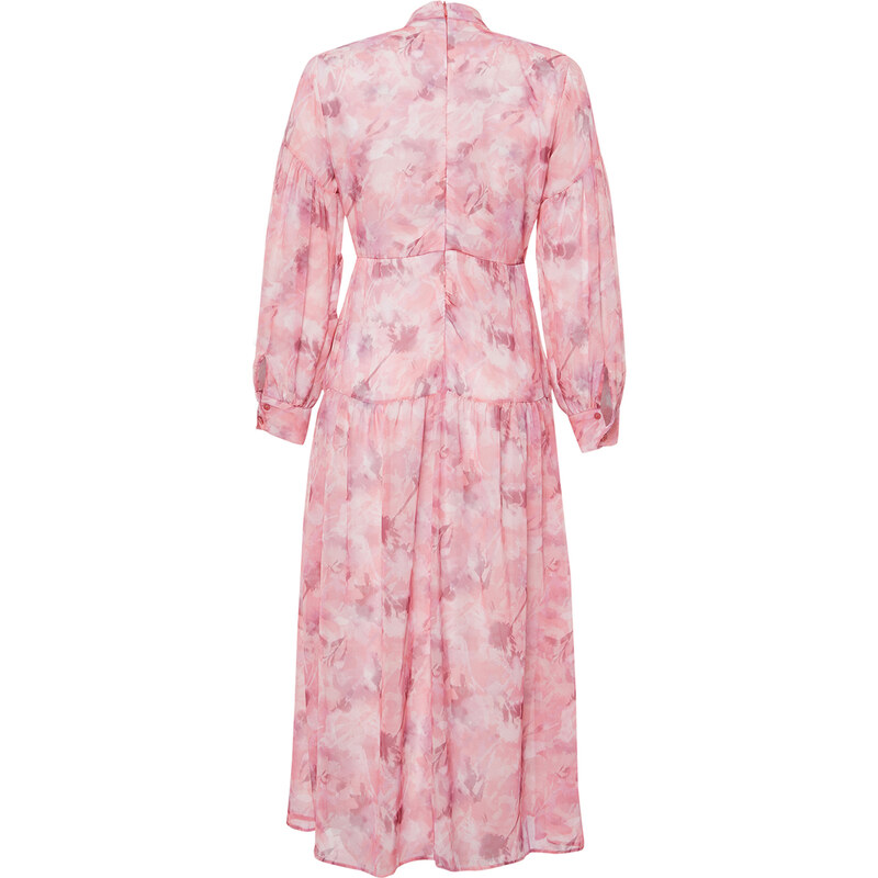 Trendyol Pink Lined Floral Patterned Belted Woven Dress