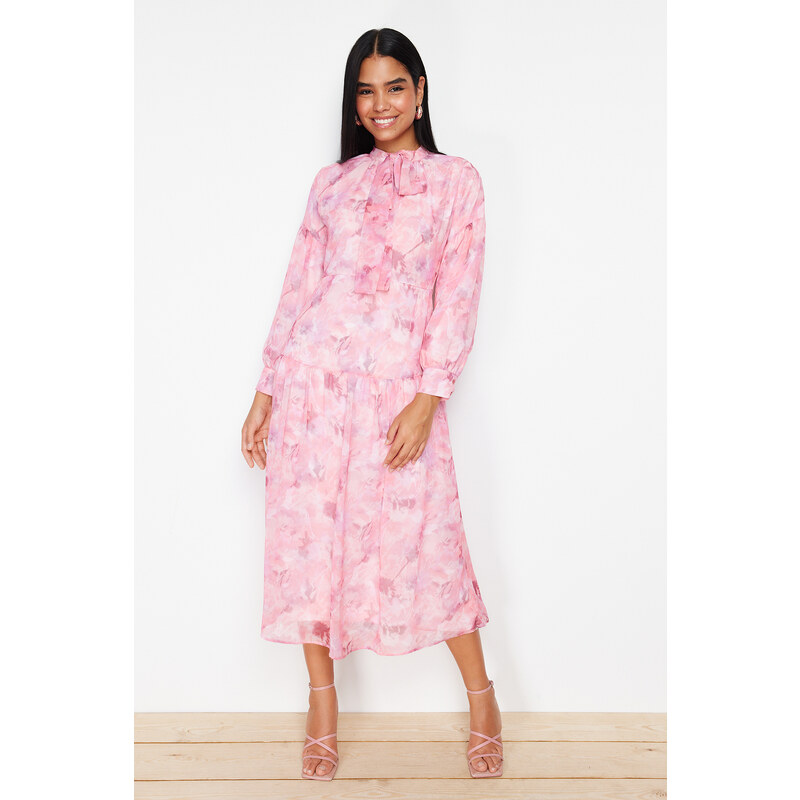 Trendyol Pink Lined Floral Patterned Belted Woven Dress