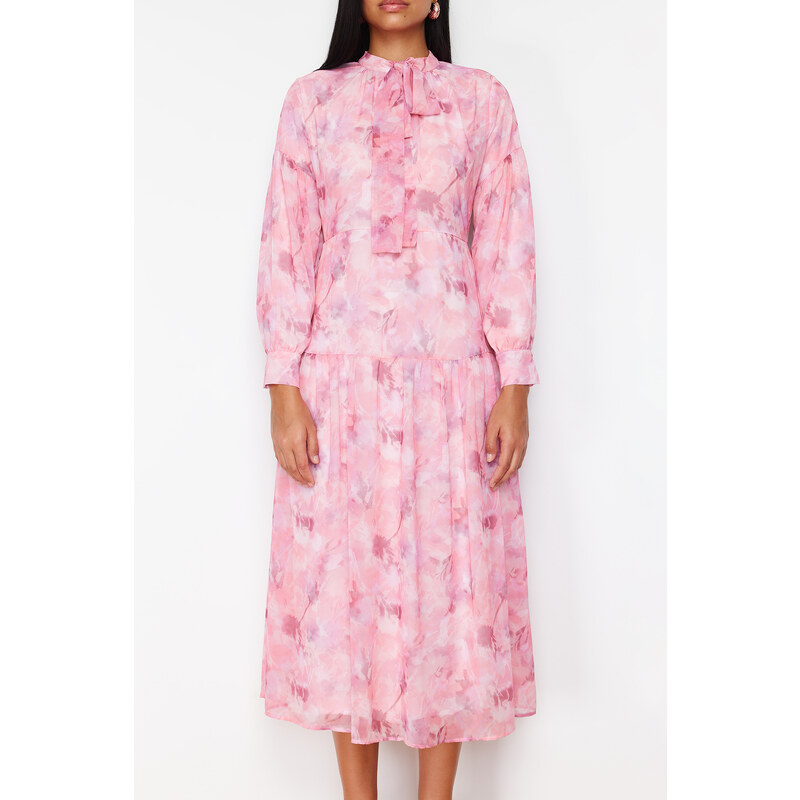 Trendyol Pink Lined Floral Patterned Belted Woven Dress