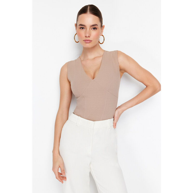 Trendyol Mink V Neck Snap Knitted Bodysuit