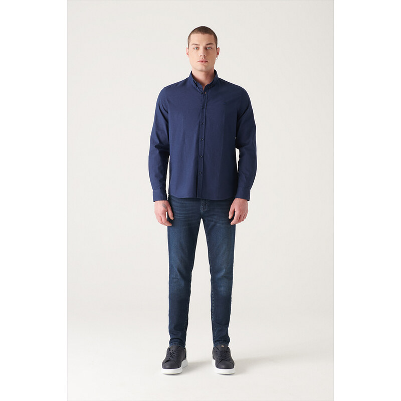 Avva Men's Navy Blue Oxford 100% Cotton Button-Up Collar Standard Fit Regular Cut Shirt