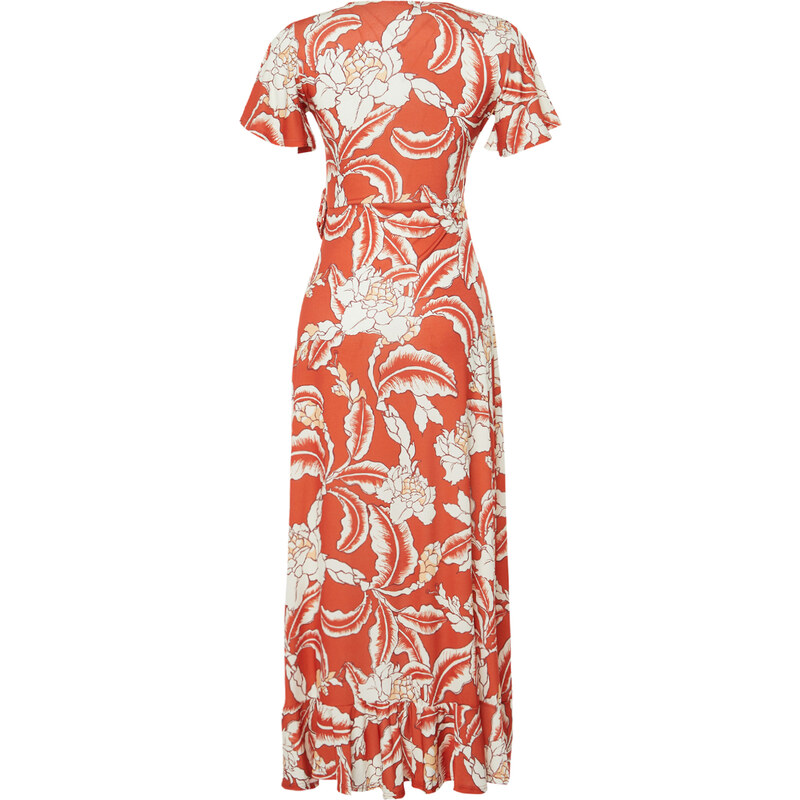 Trendyol Tile Floral Printed Wrapped Belted Ruffled Short Sleeve Stretchy Knitted Midi Dress