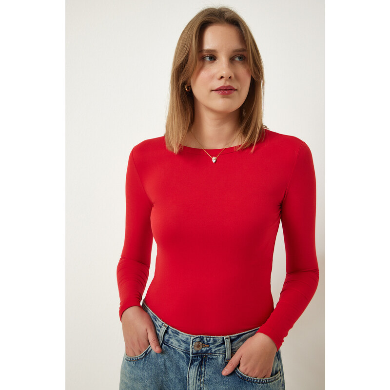 Happiness İstanbul Women's Red Crew Neck Basic Viscose Knitted Blouse