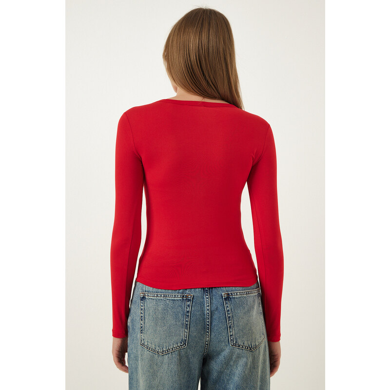 Happiness İstanbul Women's Red Crew Neck Basic Viscose Knitted Blouse