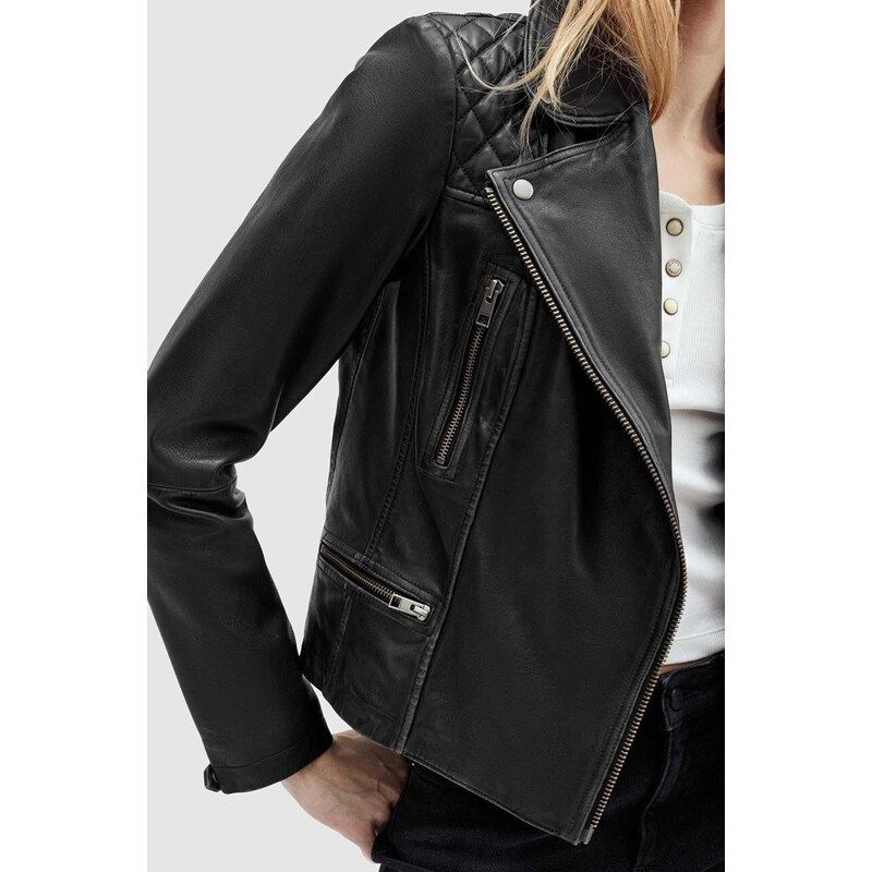 Kožená bunda AllSaints CARGO dámská, černá barva, přechodná