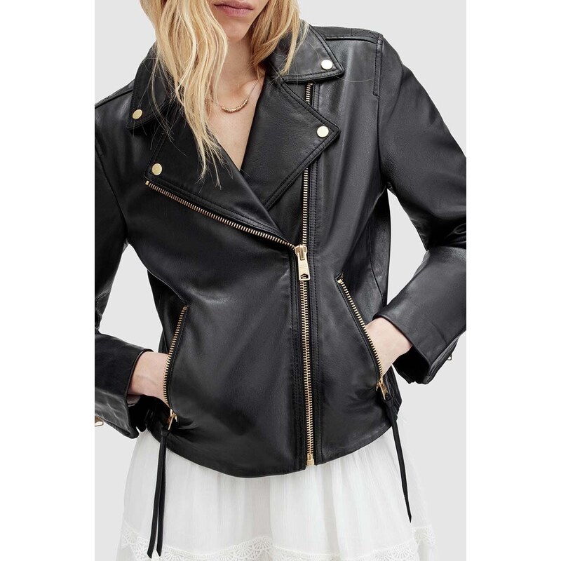 Kožená bunda AllSaints DALBY dámská, černá barva, přechodná