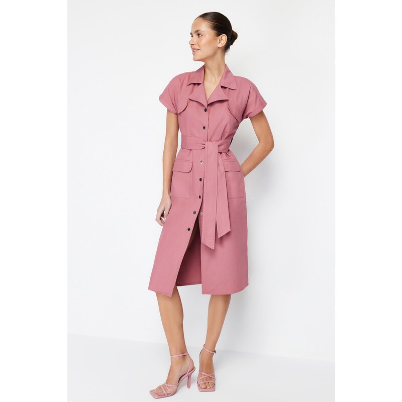 Trendyol Dried Rose Belted Pocketed Gabardine Wide Fit Shirt Midi Woven Dress