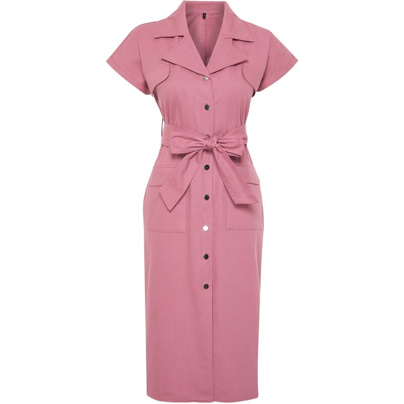 Trendyol Dried Rose Belted Pocketed Gabardine Wide Fit Shirt Midi Woven Dress