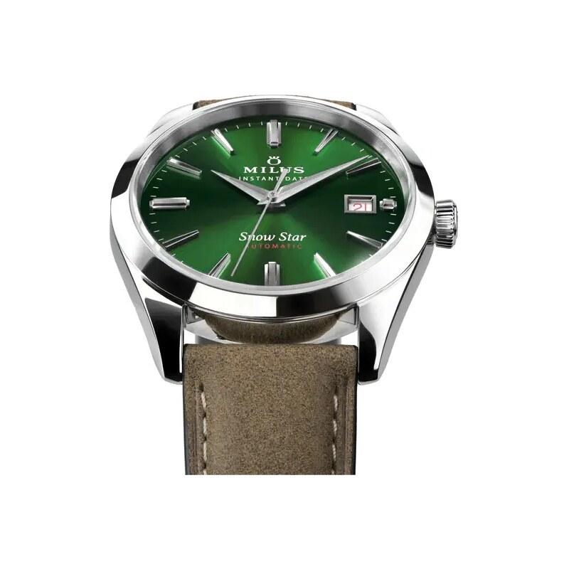 Protek Watches Stříbrné pánské hodinky Milus s koženým páskem Snow Star Boreal Green 39MM Automatic