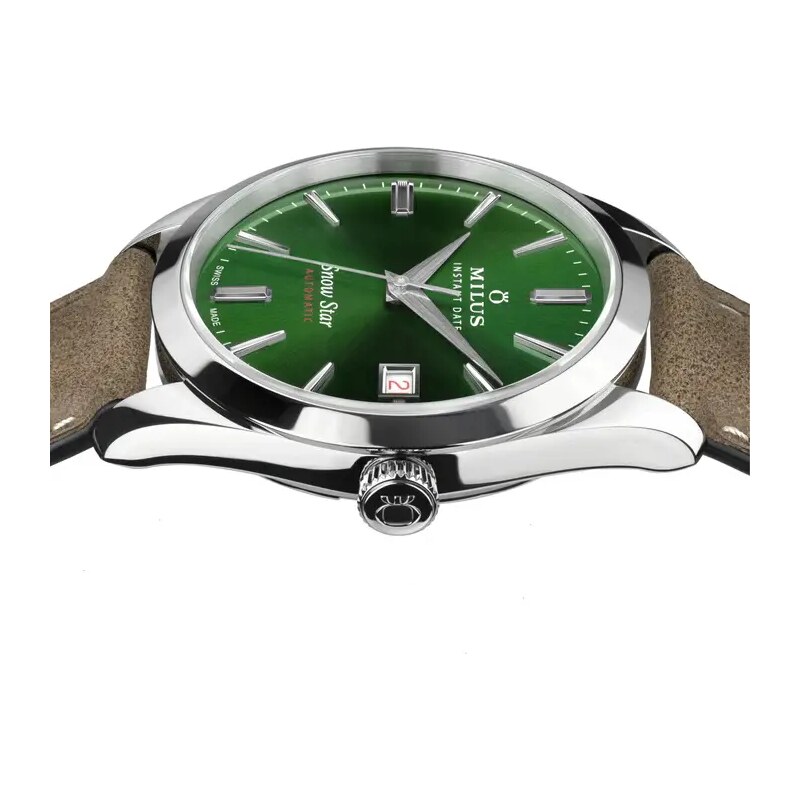 Protek Watches Stříbrné pánské hodinky Milus s koženým páskem Snow Star Boreal Green 39MM Automatic