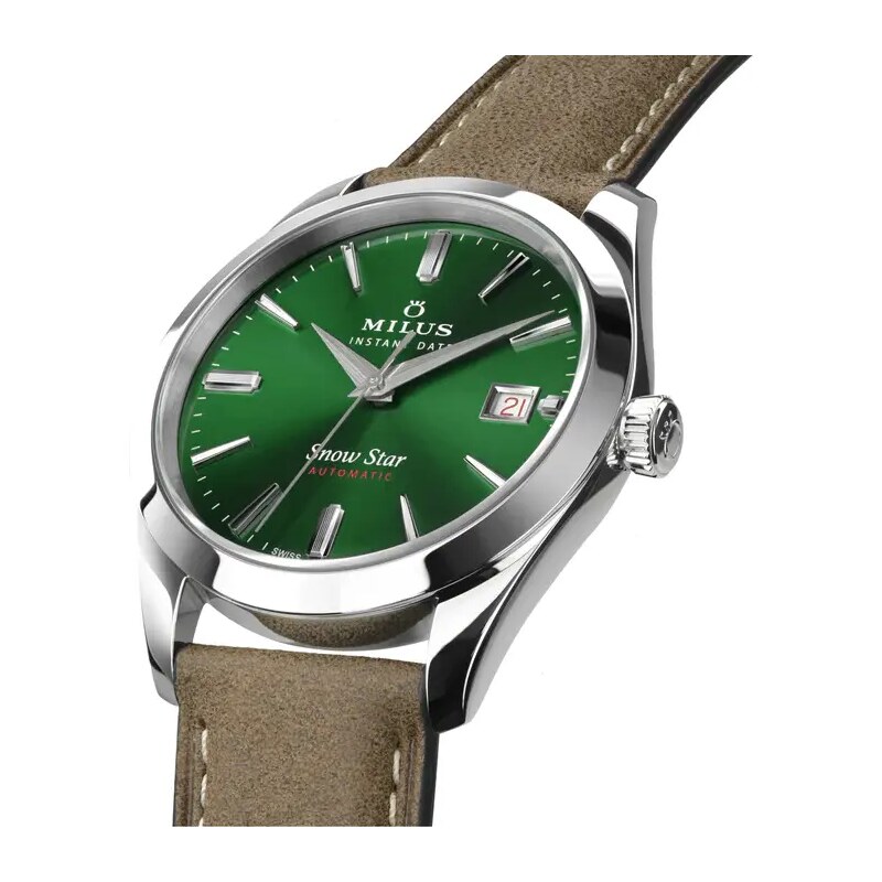 Protek Watches Stříbrné pánské hodinky Milus s koženým páskem Snow Star Boreal Green 39MM Automatic