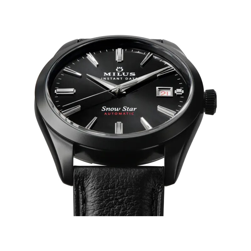 Protek Watches Černé pánské hodinky Milus s koženým páskem Snow Star Dark Matter 39MM Automatic