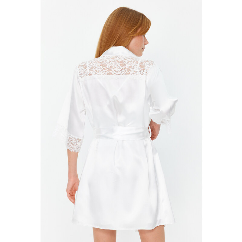 Trendyol Bridal Ecru Belted Lace Detailed Satin Woven Dressing Gown