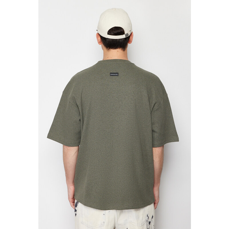 Trendyol Khaki Oversize/Wide-Fit Ruffle Text Printed Label Textured Waffle T-Shirt