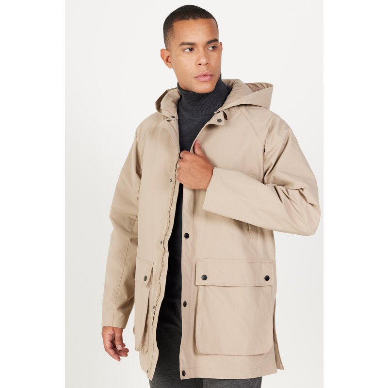 AC&Co / Altınyıldız Classics Men's Beige Hooded Stand Collar Standard Fit Warm Windproof Coat