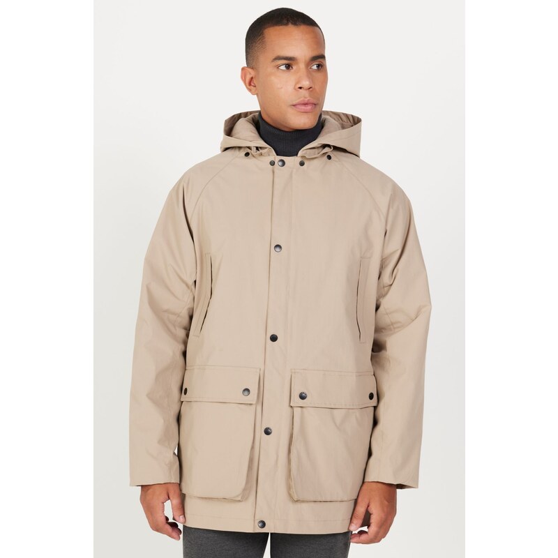 AC&Co / Altınyıldız Classics Men's Beige Hooded Stand Collar Standard Fit Warm Windproof Coat