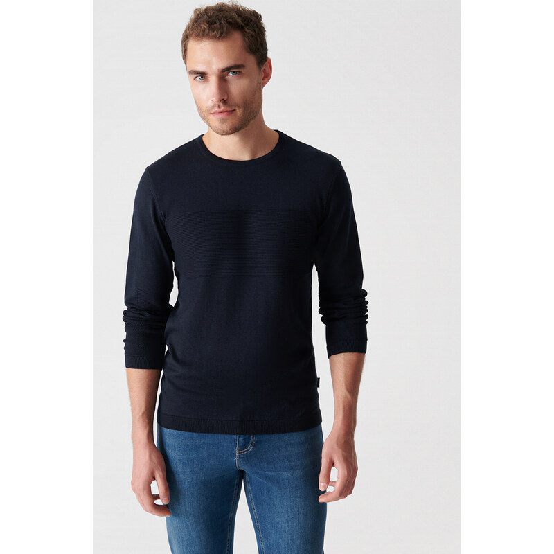 Avva Men's Navy Blue Crew Neck Jacquard Sweater