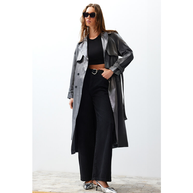 Trendyol Anthracite Oversize Wide Cut Belted Trench Coat