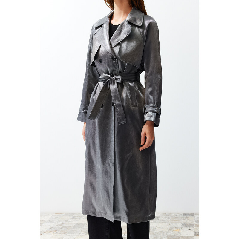 Trendyol Anthracite Oversize Wide Cut Belted Trench Coat